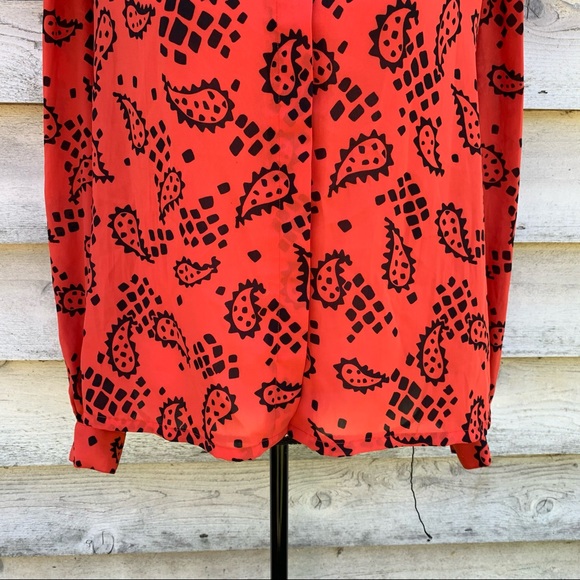 Vintage 80s Orange Block Paisley Print Long Puff Sleeve Button Down Popover Top - Picture 8 of 16